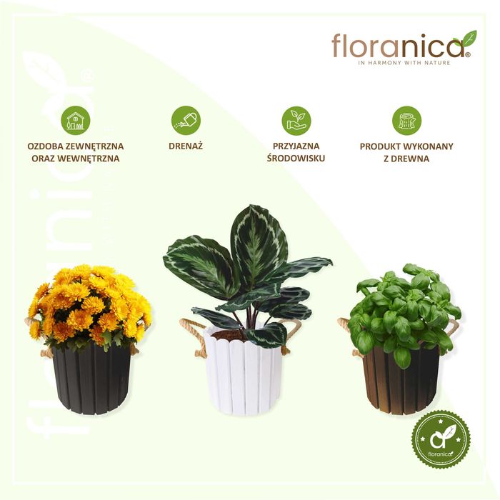 Doniczka drewniana z liną. Osłonka sosnowa. Donica drewniana Floramoca