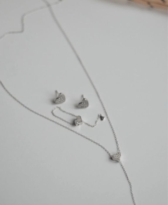 Срібний набір прикрас з серцем, каблучка з серцем, кульчики з серцем