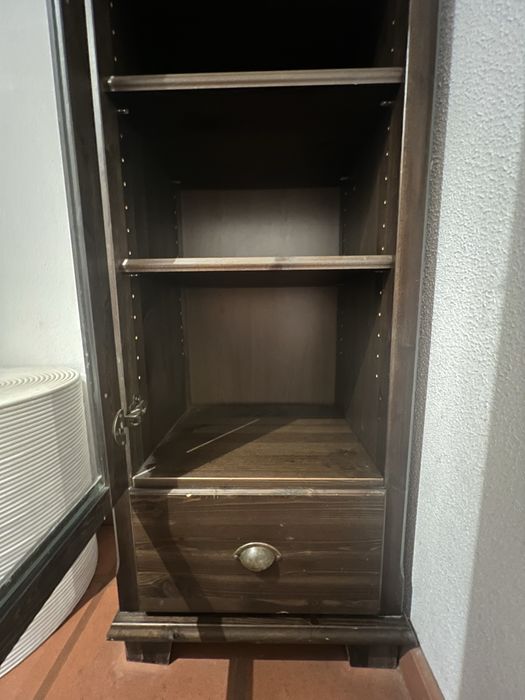 Estante de madeira com porta de vidro