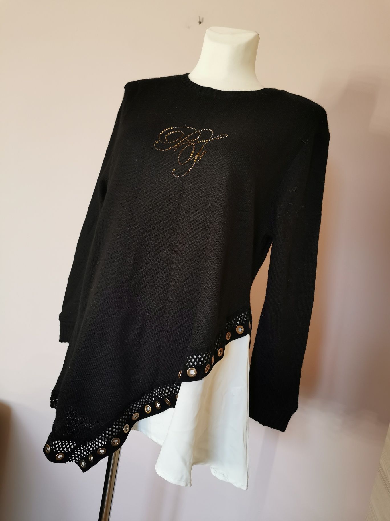 Paparazzi Fashion sweter wełniany wełna czarny biały 44 46 XXL 3XL
