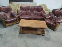 Komplet mebli dębowych skórzanych sofa fotele