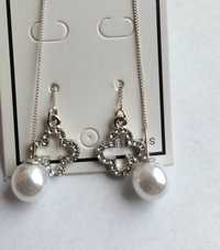 Długie srebrne perłowe kolczyki z cyrkoniami