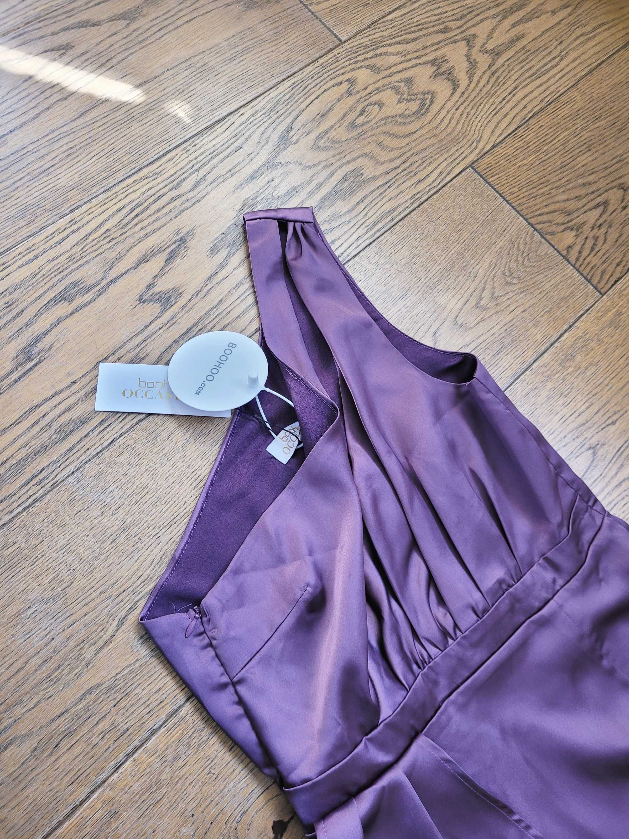 Śliwkowa fioletowa satynowa sukienka maxi asymetryczna rozcięcie