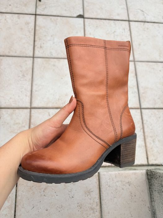 Botki na obcasie brązowe skórzane kowbojki z suwakiem vagabond