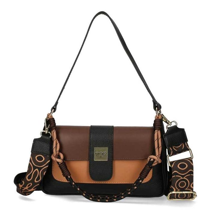 Czarna mała torebka listonoszka raportówka tricolor skóra brąz