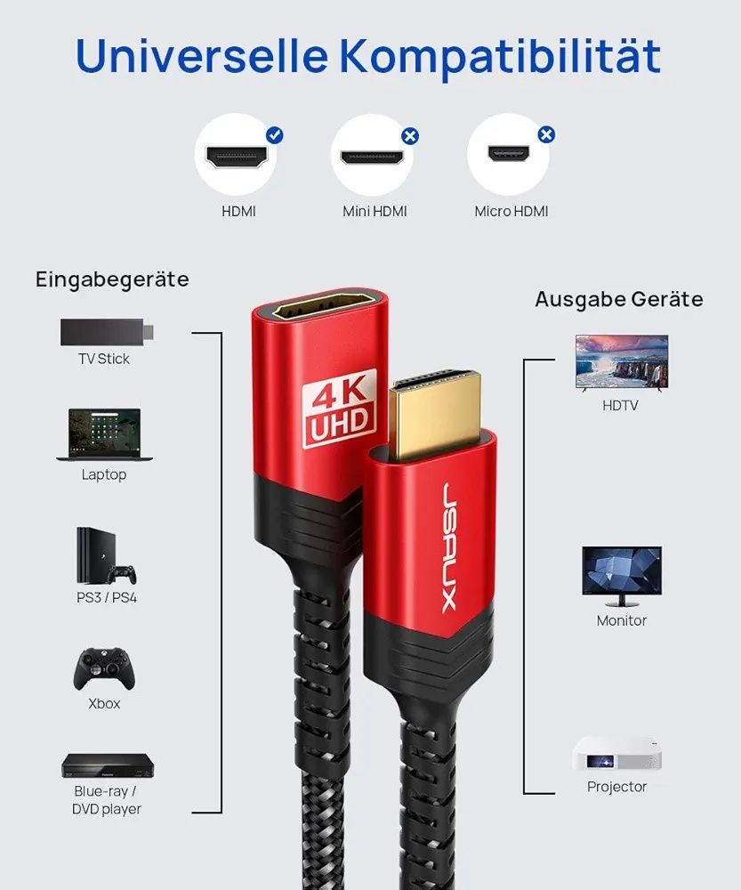 Przedłużacz kabla HDMI 4K60Hz  JSAUX 1m