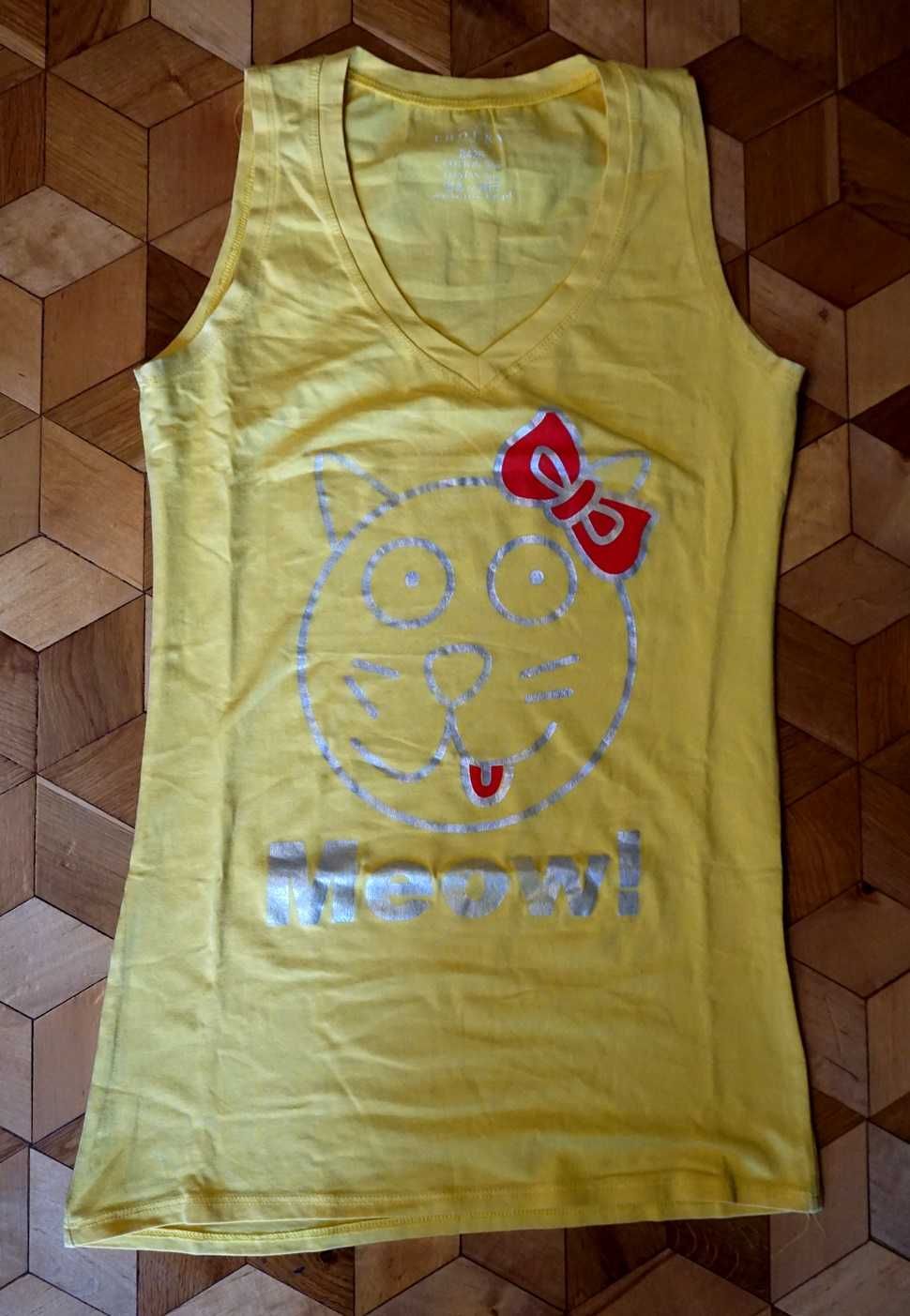 Żółty top M 38 L 40 t-shirt bluzka koszulka z nadrukiem Kot Meow Miał