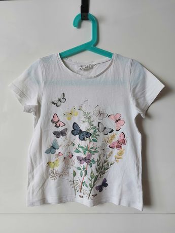 H&M Koszulka krótki rękaw kwiatki motylki biała roz. 122/128