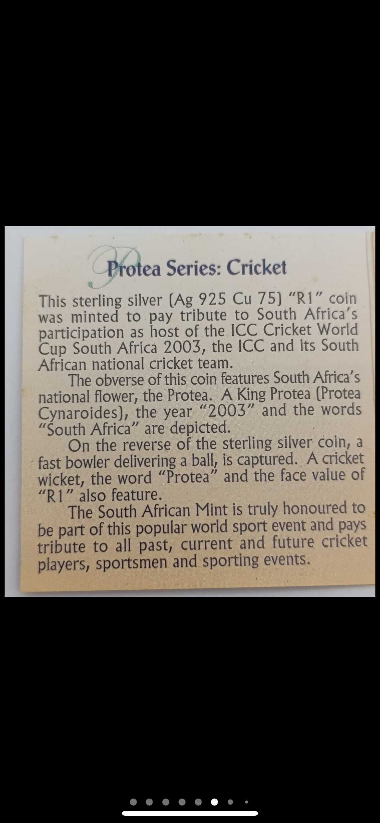 Moeda de prata protea Cricket R1 proof de 2003 da RSA em cápsula