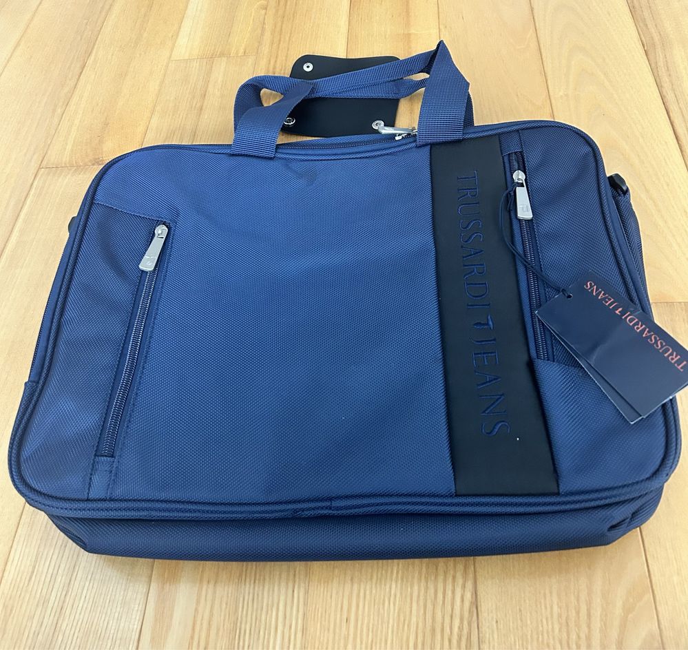 TRUSSARDI JEANS Nowa Torba na laptopa męska, materiał, ciemny granat.