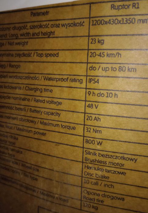 Nowa hulajnoga elektryczna RUPTOR R1 do 45km/h do 80km 120kg Gwarancja