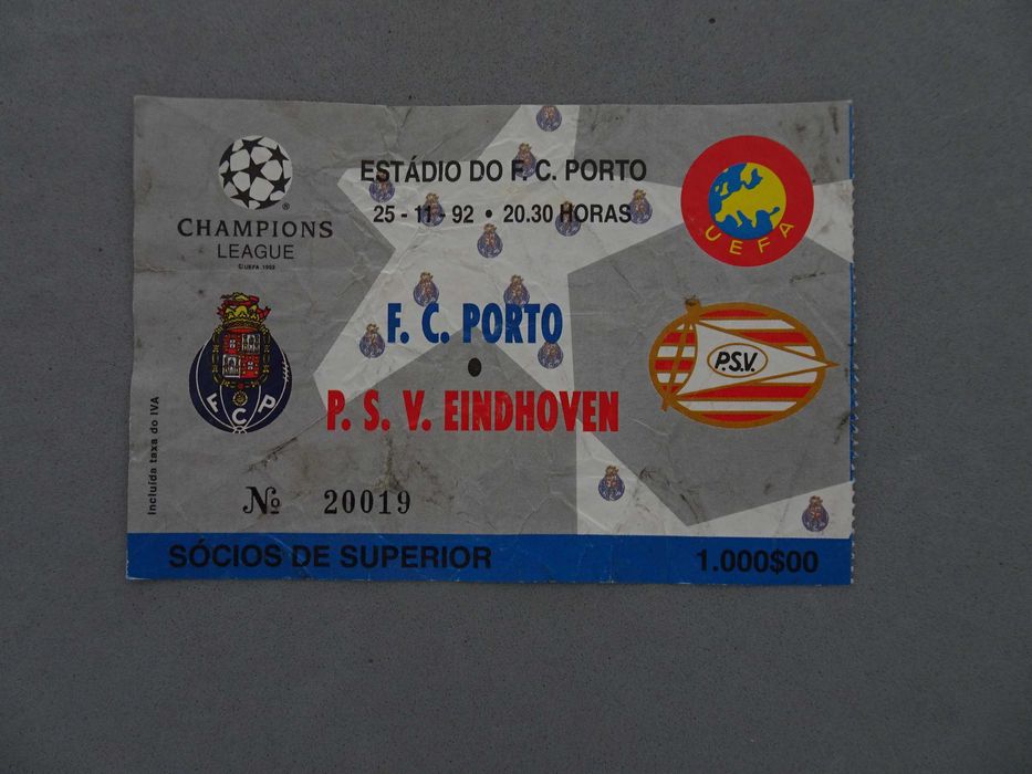 Bilhete futebol Porto Eindhoven Champions League 1992