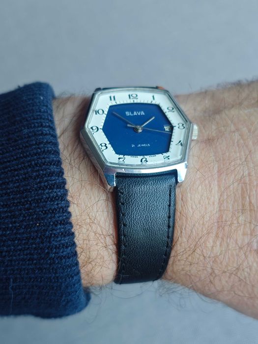 Bi-kolor SZEŚCIOKĄTNA zadbana Slava mechaniczny zegarek nakręcany