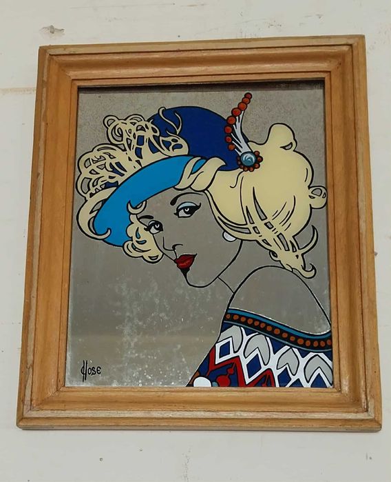 Pintura VINTAGE sobre espelho, assinada "José". Emoldurada