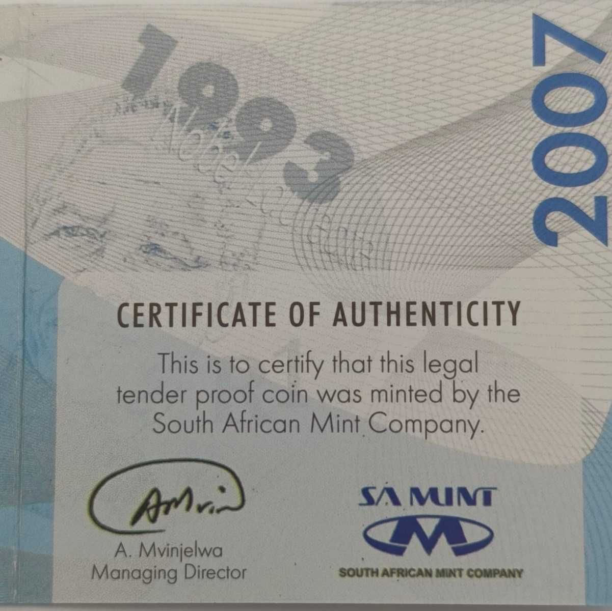 Moeda Mandela proof R1 de prata protea sul-africana de 2007(Reservado)