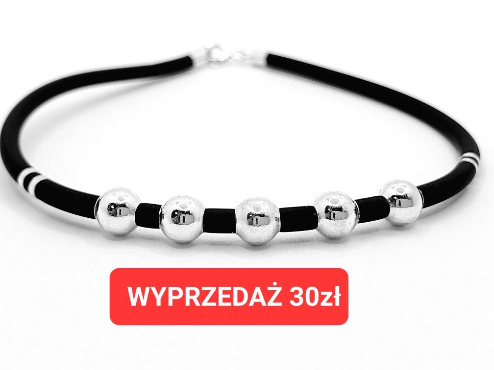 Bransoletka srebrna pr.925 gumowa czarna