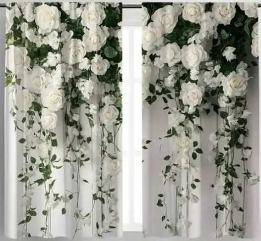 ZASŁONY 2D 60x150cm BIAŁE RÓŻE eleganckie z liśćmi na tunelu 2szt h160