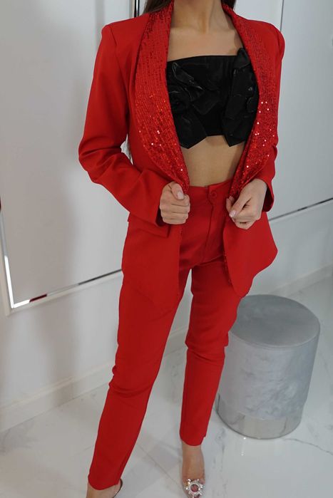 Komplet garnitur spodnie i marynarka z cekinami veni czerwony