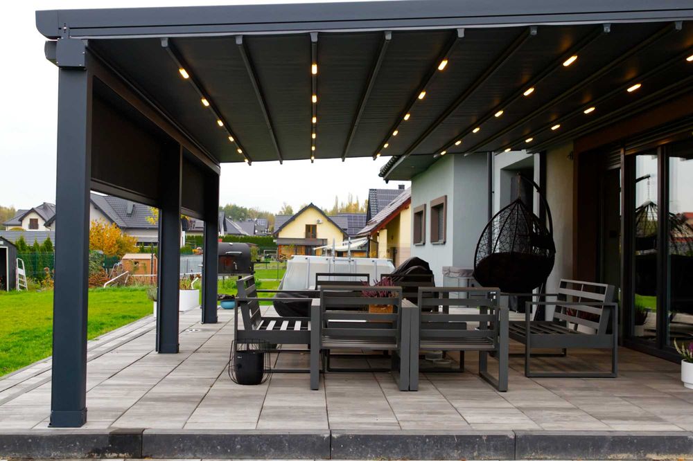 Zadaszenie tarasu z tkaniny automatycznie rozsuwane, pergola 4x6 m