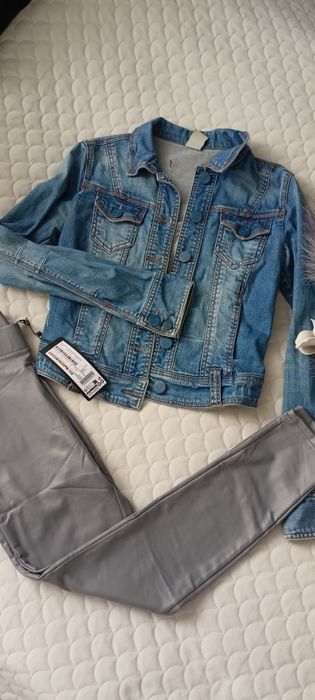 Komplet damski kurtka jeansowa katana i legginsy skórzane