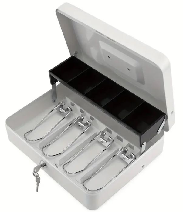 Kasetka na pieniądze biala metalowa