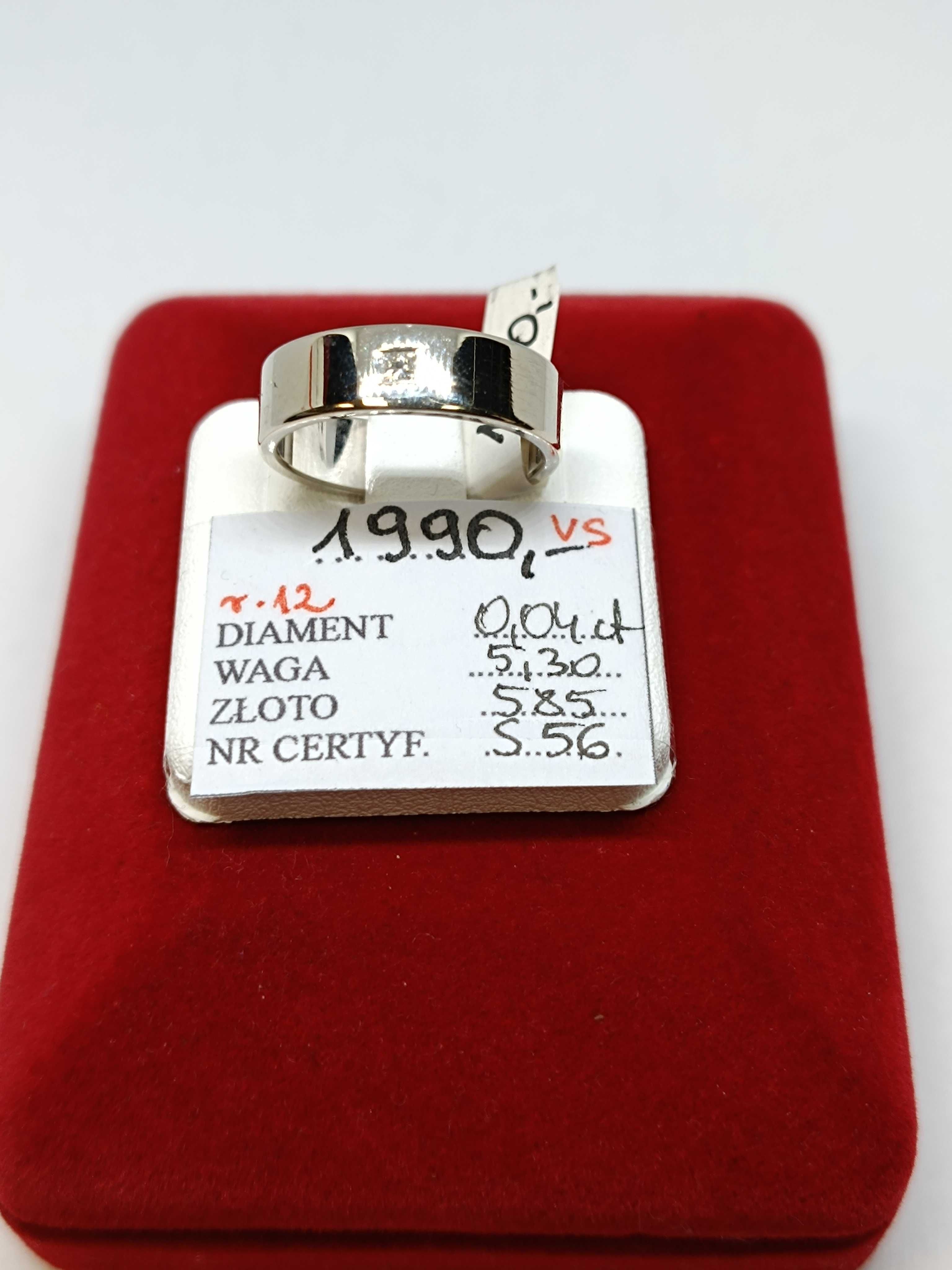 Złoty pierścionek obrączka z diamentem roz.12, złoto białe próby 585