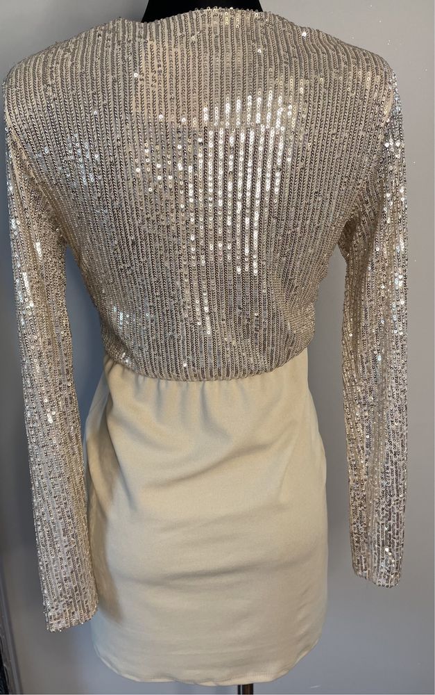 Sukienka Cekinowa Brokatowa czarna , beżowa Elegancka Mini Beż S