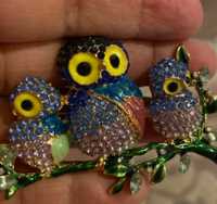 подарок роскошная брошь брошка 3 совы сова филин камни синие