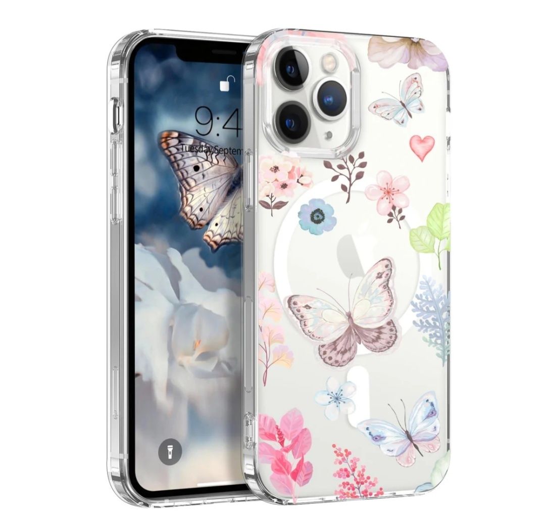 Etui na telefon iPhone 12 Pro Max motyle i kwiaty Przezroczysty.