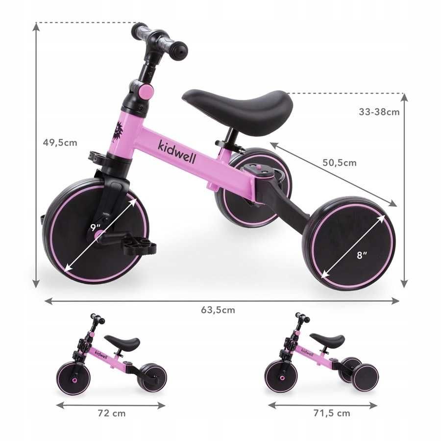Kidwell Pico Rowerek Biegowy 3w1 Trójkołowy Pedały Różowy Pink *NOWE*