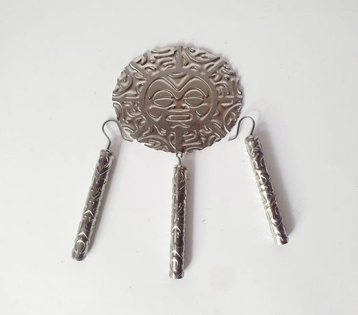 Kolczyki + dwie zawieszki stal tytanowa handmade wzor aztecki