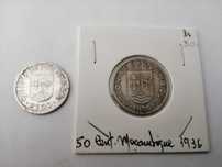 Moedas de Moçambique 50 centavos 1936 e 2, 50 escudos, 1935.