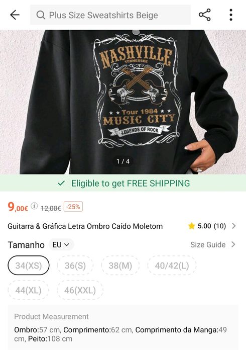 Guitarra & Gráfica Letra Ombro Caído Moletom