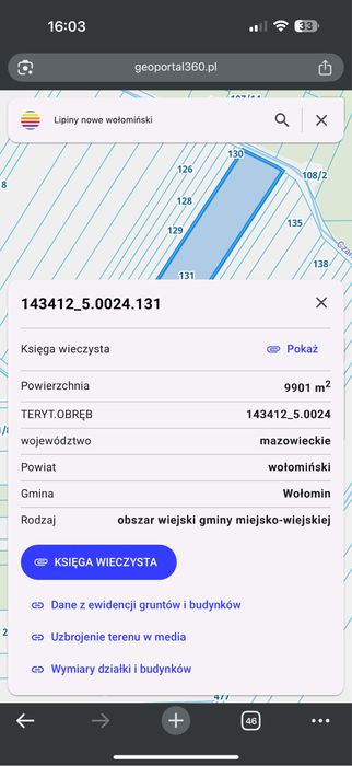 Działka rolna Lipiny Nowe Wołomin 9901 m2 ŁV