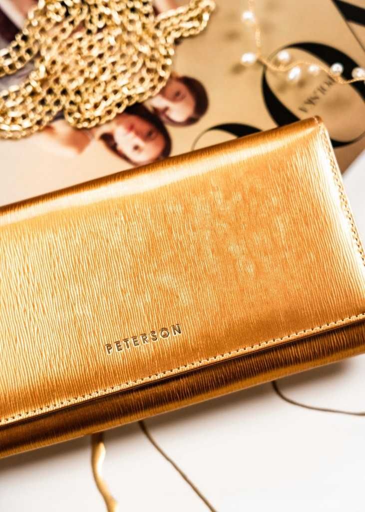 Peterson portfel skórzany damski Gold Champagne duży elegancki RFID