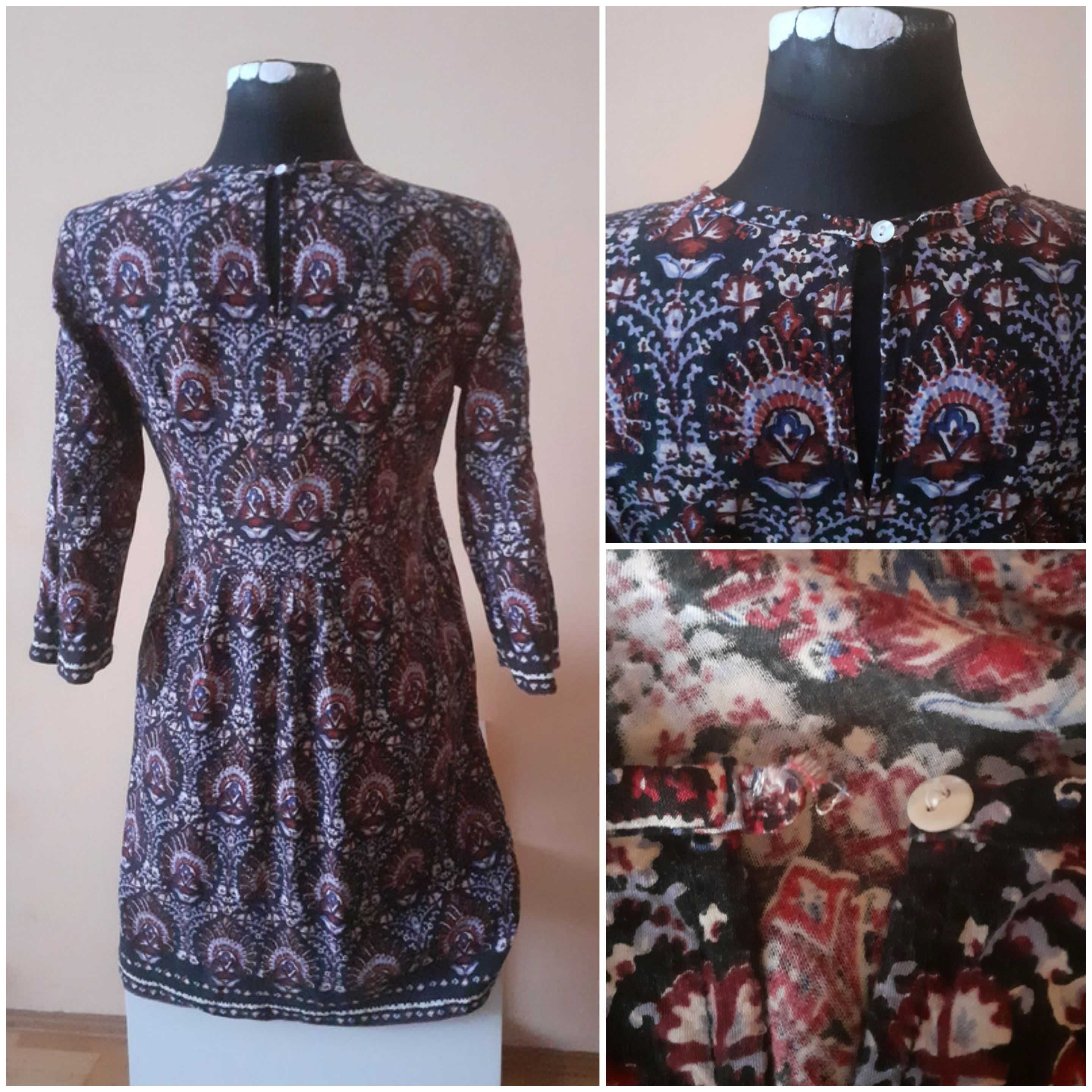 38 M Sukienka czarna bordowa kolorowa wzory paisley wiskoza Indiska