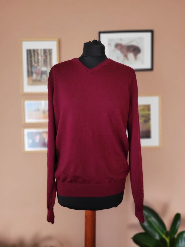 Fioletowy męski sweter w serek 100% wełna merino Dressmann