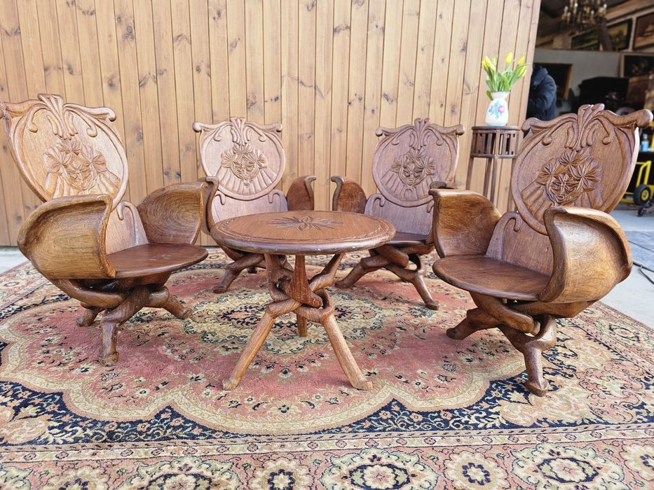 Rzeźbione  fotele 4 szt + stolik orzech orient wypoczynek #1592 Węgrów