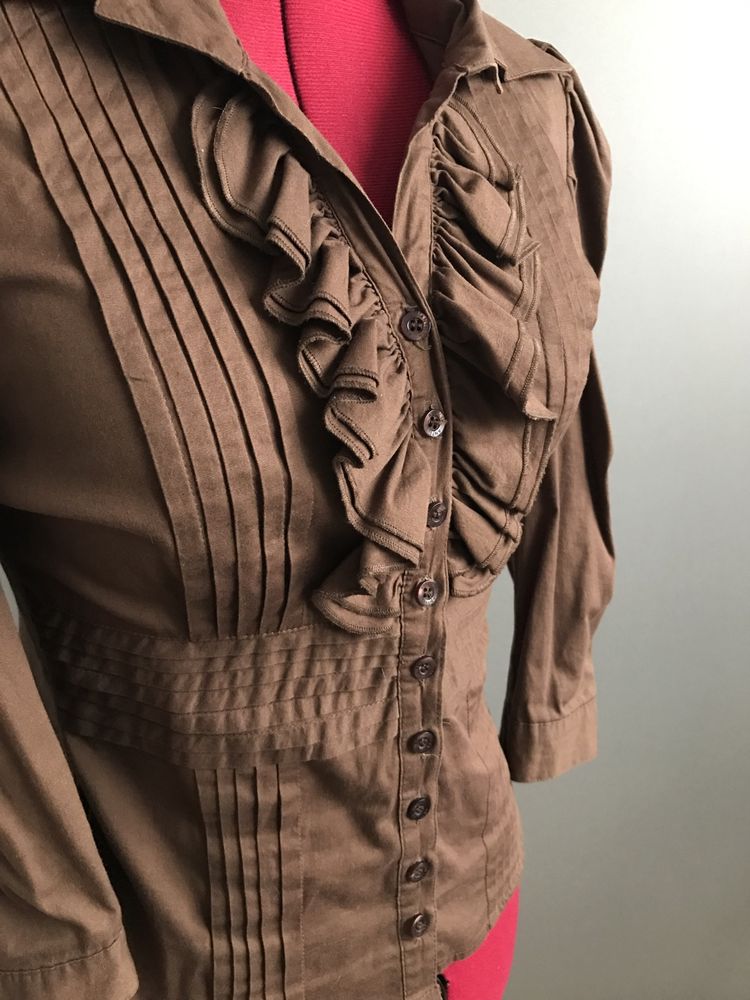 Brązowa bluzka koszulowa z bufkami na guziki 36 S/M