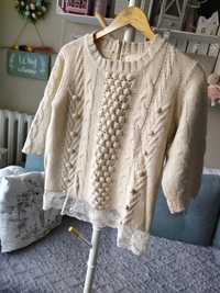 Sweterek sweter beżowy warkocze XL Zilkha koronka romantyczny