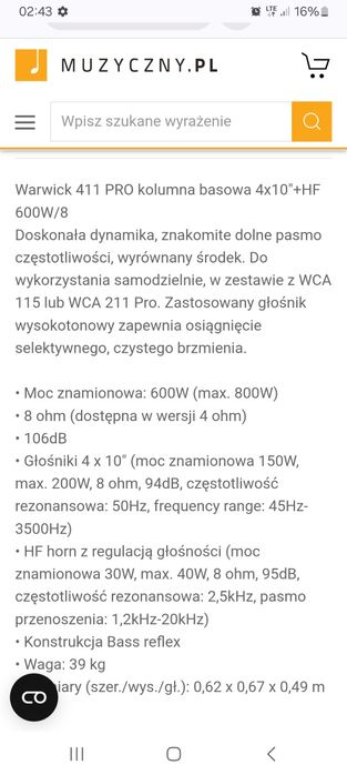 Kolumna basowa warwick 4 x 10