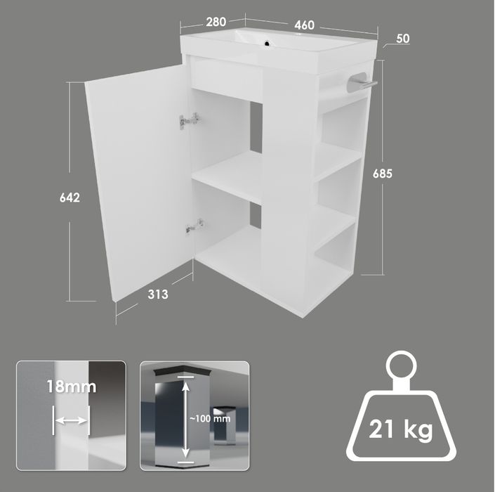 Szafka łazienkowa z Umywalką Biała Połysk Wisząca Stojąca Półka Wiesza