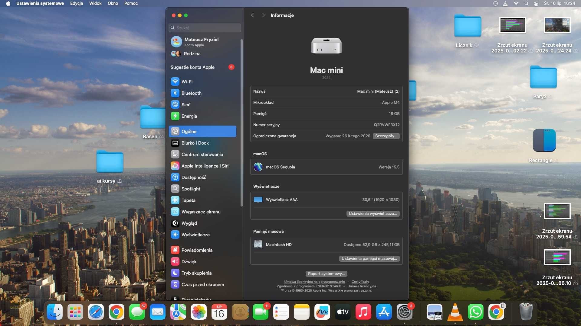 Apple Mac mini M4 2024 / 16GB RAM / 256GB SSD / GWARANCJA do 02.2026!