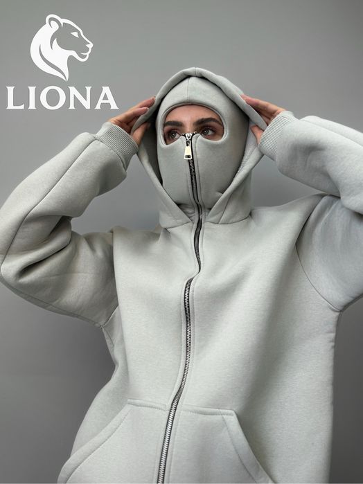 жіноче худі-балаклава з капюшоном/кофта серая на молнии женская зима