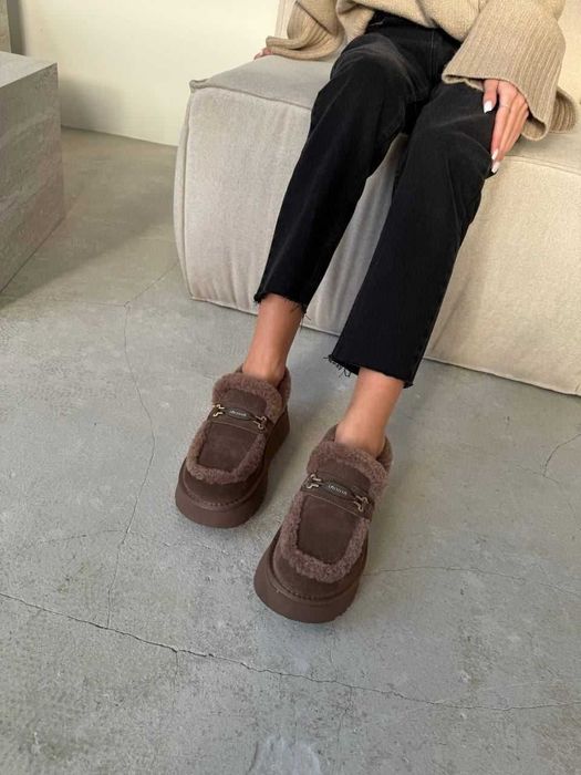 Коричневі лофери угги натур. замша, зимние лоферы коричневые 36-40р