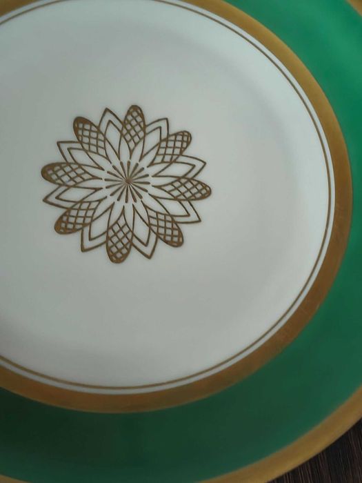 Trio kawowe Bavaria – Johann Seltmann – zielone ze złotem (lata 40–50)