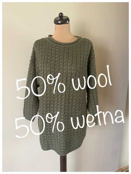 Madeleine sweter gruby splot warkocz khaki oliwkowy welna