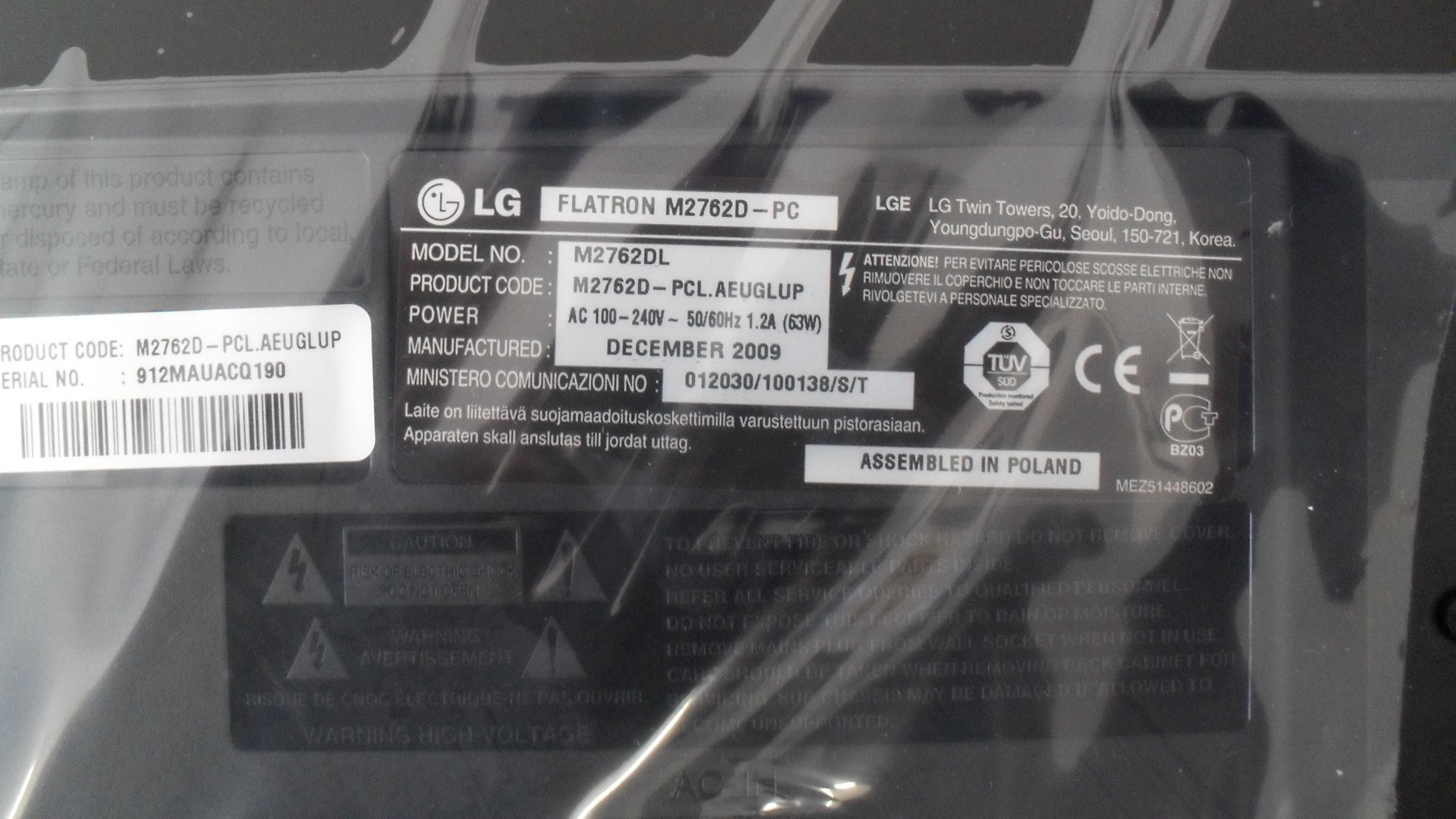 Monitor LG Flatron M2762D 27" Full HD LCD