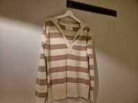 Sweter wełniany XL H&M sweterek z kapturem w pasy beżowy swetr bluzka