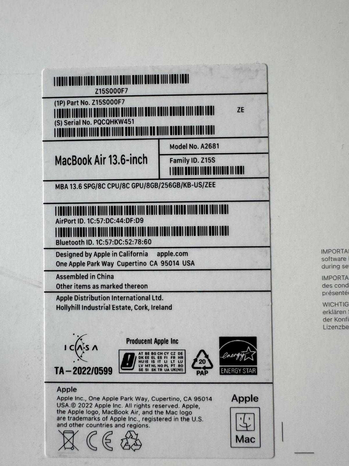 Macbook Air 13.6 M2 (2023) – A2681